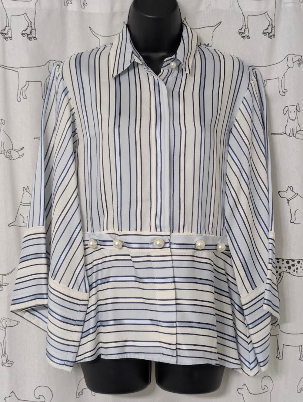 Alexis Womens Blouse Bell Sleeve Soft Girl Striped Pearl Convertible Hem Small